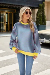 Detailansicht Damen lässiger farbblockierter gestreifter Rundhals Langarm Sweatshirt.