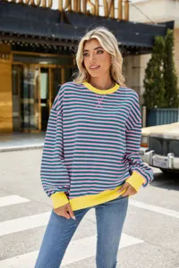 Modischer Damen Farbblock gestreifter Rundhalsausschnitt Pullover Sweatshirts