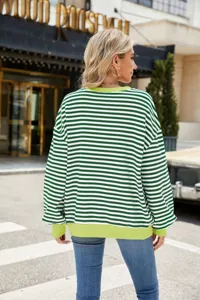 Damen grün weiß gestreifter Pullover lässiges Langarm Rundhals Oberteil lose Mode stilvoll