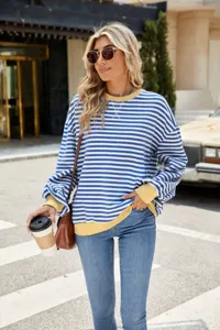 Damen lässiger gestreifter Langarm Pullover mit Kontrastkragen, lockerer Oversize Stil.