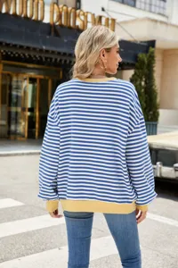 Damen lässiger blau-weißer gestreifter Pullover mit gelbem Rundhals und langen Ärmeln