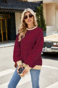 Lässiger gestreifter Pullover mit Rundhalsausschnitt, langarm, lockere Passform für Damen.