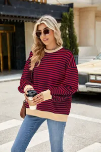 Damen Herbst Winter gestreifter Pullover Rundhalsausschnitt langarm Casual Sweatshirt