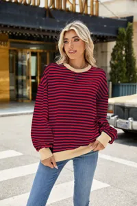Damen rot blau gestreift langarm Rundhals casual loose Sweatshirt Oberteil Detailansicht