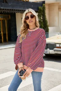 Damen lässiger Blockstreifen Rundhals Pullover langarm locker Freizeit Sweatshirt Top.