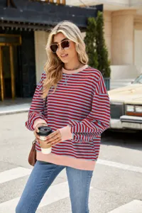 Lässiger rot-blau gestreifter Langarm Pullover für Damen runder Kragen lose Oversize Oberteil
