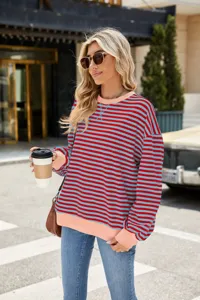 Lässiges, gestreiftes Langarm-Sweatshirt-Detail mit kontrastierenden Rippbündchen und gemütlicher Passform.