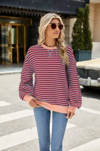 Lässiger Damen Langarm Rot Blau Gestreifter Pullover Sweatshirt Mit Rundhalsausschnitt.