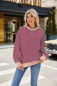 Damen Gestreift Rundhals Farbblock Loose Langarm Freizeit Sweatshirt Modisch Top