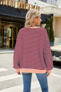 Detailansicht Damen lässiger gestreifter Langarm Pullover Rundhalsausschnitt Retro.