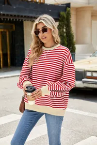 Damen rot weiß gestreifter Rundhalsausschnitt Farbblock langärmelig Sweatshirt.