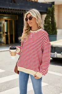 Rot weisse gestreifte Langarm Sweatshirt fuer Damen Pullover Freizeit Herbst Mode Oberteil