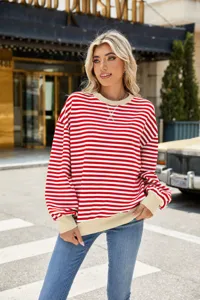 Damen Rot Weiß Gestreift Langarm Sweatshirt mit Kontrast Rippstrick Rundhalsausschnitt.