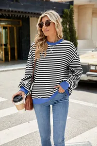 Damen gestreifter Rundhals Pullover lässige Langarm Colorblock Sweatshirt Oberteil