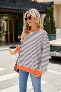 Damen lässiger gestreifter farbblock rundhals langarm loser sweatshirt pullover top.
