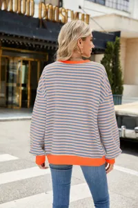 Damen lässiger gestreifter Langarm Pullover, bequemer Rundhals Colorblock Sweatshirt.