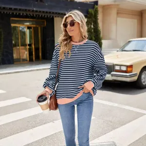 Damen gestreifter Sweatshirt langarm Crewneck Pullover Farbblock Oberteil Herbst