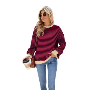 Modische Damen gestreift Rundhalsausschnitt langarm casual Sweatshirt Oberteil