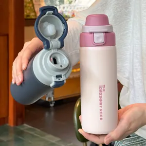 Stainless steel dual-drink thermos bottle detail view, portable cup with flip lid and straw.