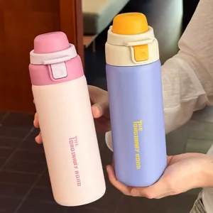 Stainless steel dual-drink thermos water cup with pop-up lid for students and travel.