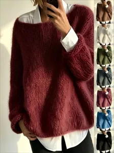 Close-up view of cozy loose mohair knit sweater featuring relaxed fit and color options.