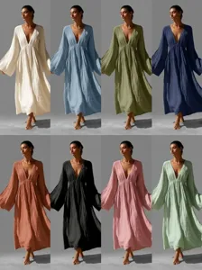 Oversized V-Ausschnitt Langarm Maxikleid, lässiger Urlaubsstil für Damen, in vielen Farben.
