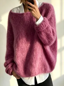 Cozy mohair knit sweater for women, loose casual pullover top with long sleeves for autumn winter.