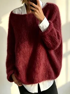 Oversized burgundy mohair knit sweater for women, cozy long sleeve pullover for winter.