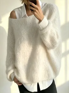 Cozy loose off-shoulder mohair knit sweater for women, perfect for autumn winter chic style.