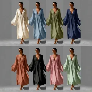 Damen V-Ausschnitt Langarm Maxi Kleid Lockerer Urlaubsstil Großer Saum Polyester Einfarbiges Kleid Herbst Winter Bekleidung