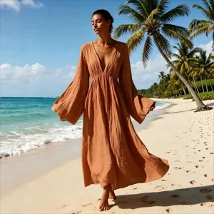Damen V-Ausschnitt Langarm Boho Maxikleid für Damen lässige Strand Urlaub lange Kleider
