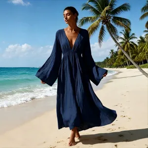 Damen Langarm V-Ausschnitt Maxikleid, lockeres Resort-Stil Strandkleid in Dunkelblau elegant.