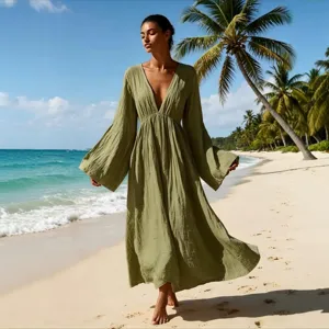 Damen Langarm V-Ausschnitt Maxikleid, lose lässige Strand Resort Langes Kleid grün.