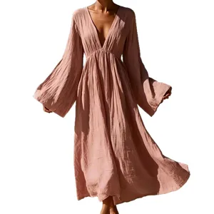 Damen Langarm Tief V-Ausschnitt Maxikleid Boho Urlaub Fließend Lässiger Strand Maxikleid