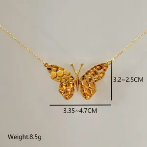 Gold-plated hollow honeycomb butterfly necklace detail view showing size and weight specs.