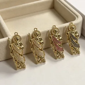 Gold-plated saint pendant with micro-inlaid cubic zirconia, perfect for DIY jewelry making.