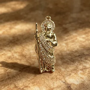 Gold plated saint pendant with micro set cubic zirconia for DIY necklace jewelry detail view