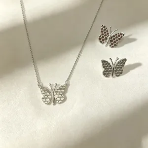 Luxury Butterfly Jewelry Set Gold Silver Plated Brass Hollow Mesh Pendant Necklace Stud Earrings For Women Fashion Jewelry Accessory