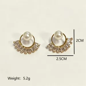 French vintage bohemian pearl zircon half-circle stud earrings with detailed size specs.