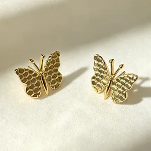 Gold butterfly stud earrings with honeycomb wing texture elegant jewelry for women 1pc