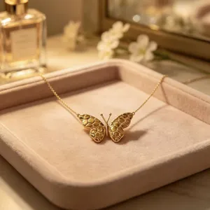 Detail shot of the gold honeycomb butterfly necklace in a velvet tray with soft lighting.
