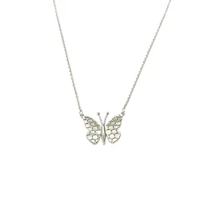 Silver butterfly pendant necklace for women, elegant collarbone chain jewelry accessory.
