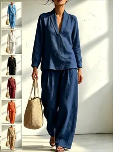 Casual loose long sleeve V-neck shirt and wide leg pants two piece women lounge wear set.