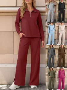 Half-zip collar long sleeve top with wide-leg pants, casual solid two-piece outfit detail view.