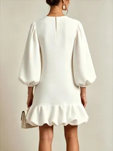Chic white mini dress with stylish lantern sleeves, crew neck, and an elegant ruffled hem.