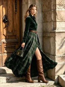 Retro green velvet long sleeve top and plaid maxi skirt set with belt for women fashion
