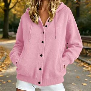 Pink knitted hooded cardigan for women, casual autumn long sleeve sweater with buttons.