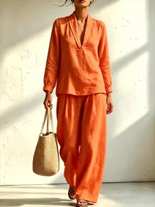 Orange linen style long sleeve V-neck top wide leg pants set for women casual chic outfit