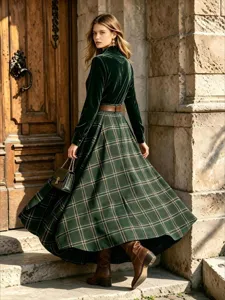 Vintage green velvet long sleeve top and plaid skirt set with belt for women fashion style.