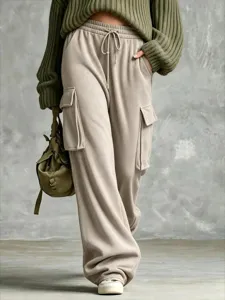 Casual loose retro olive green drawstring straight-leg wide-leg cargo sweatpants detail